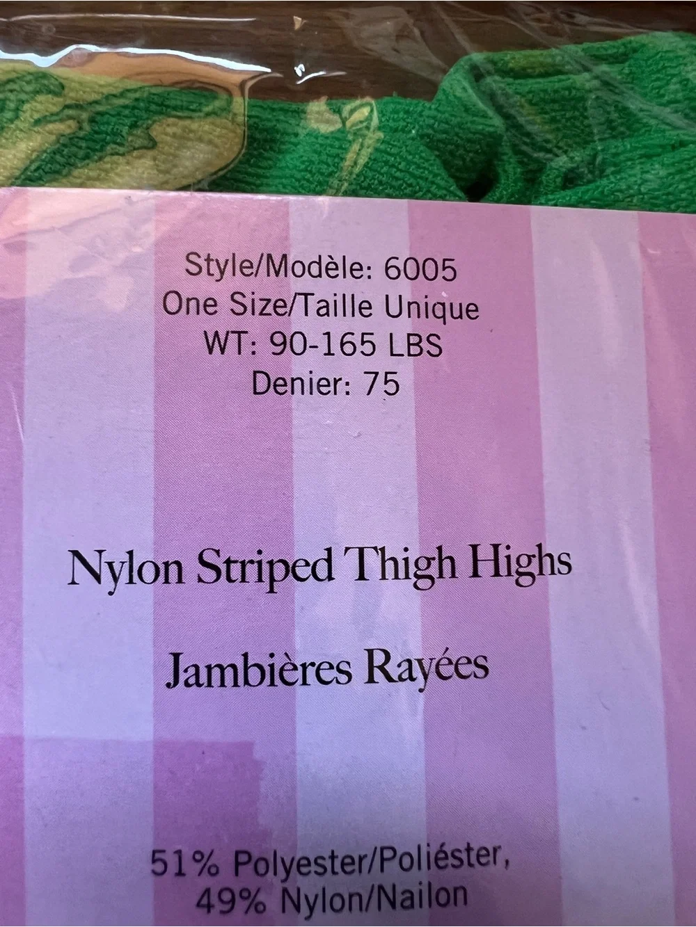 NWT- Leg Avenue Nylon Green and White Striped Thigh High Stockings - One Size